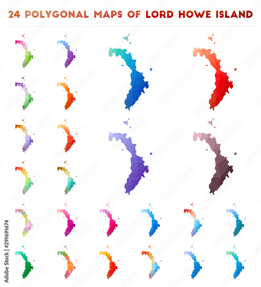 Poster set of vector polygonal maps of lord howe island. bright gradient map of island in low poly style. m