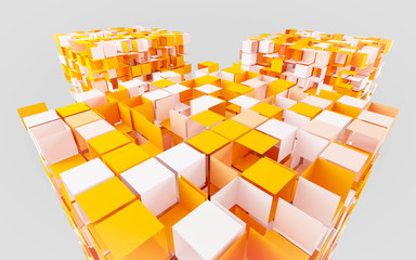 abstract orange and white cubes dissolving 3d render