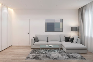 3d illustration. White living room with sofa, coffee table, picture and wardrobe