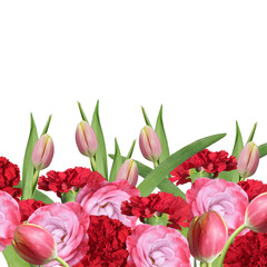 Beautiful floral background of tulips, carnations and roses. Isolated
