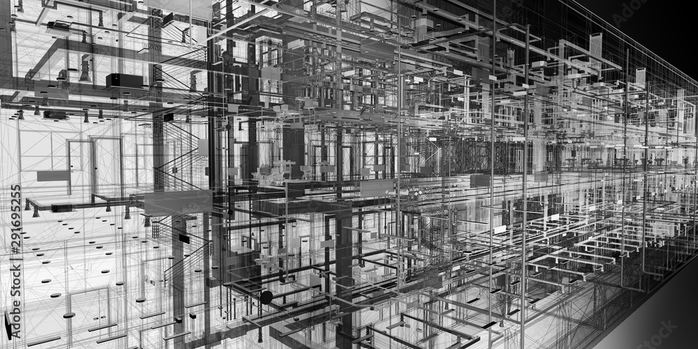 Poster the bim model of the mep utilities of wireframe view