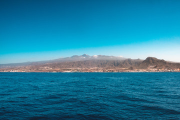Tenerife Island coast and Mountain (Pico del Teide) coast view from ocean