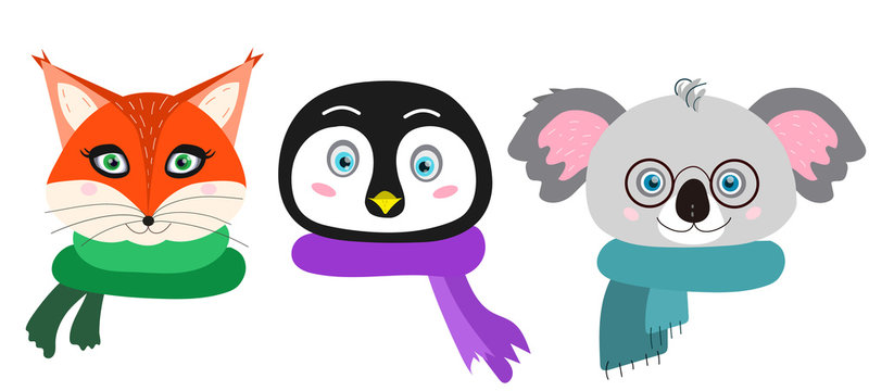 Vector cute animals with scarfs. Characters with winter or autumn accessories. Fox with green scarf, penguin with violet scarf and koala bear with blue one and glasses. Animal set or collection.