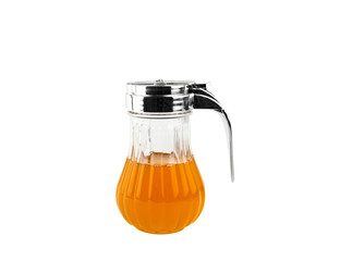 No-drip lid honey jug dispenser with honey inside isolated on white background. No mess while...