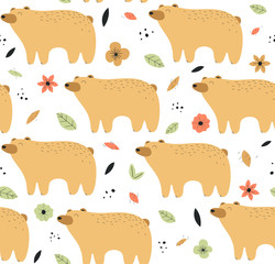 Hand drawn seamless background with bears and flowers. Pattern with cute design. Scandinavian style design. Vector illustration