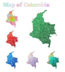 Hand-drawn map of Colombia. Colorful country shape. Sketchy Colombia maps collection. Vector illustration.