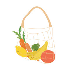 String bag full organic vegetables and fruits. Shopping with eco bag, mesh or net bag . Zero waste concept. Isolated vector illustration in flat cartoon style.