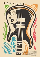 Electric guitar and colorful shapes - rock concert poster design. Music event flyer idea with guitar graphic. Vector guitar illustration.