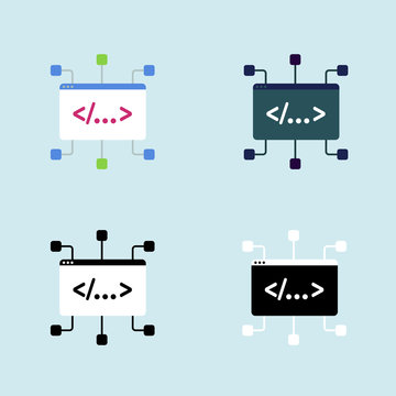 Programming code flat vector icon set. Isolated coding and programming software sign with browser screen