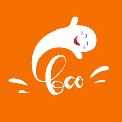 Сartoon little funny ghost scares people. Halloween. Boo. Lettering. Vector image on an orange background.