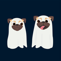 Cute dogs dress up ghost suit. Little happy and scared pug puppys in Halloween costume. Ghost Costumes for Dogs. Vector cartoon illustration.