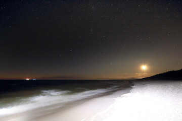 Slowinski National Park on the Baltic Sea coast, near Leba, Poland. Night view, starry sky right...