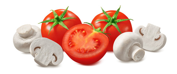 Tomatoes and mushrooms isolated on white background