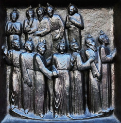 The outpouring of the Holy Spirit on Pentecost, relief on the door of the Grossmunster (