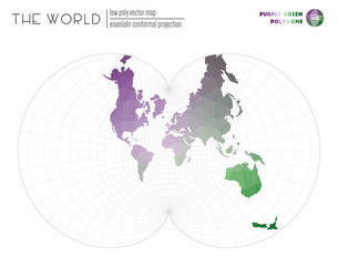 Polygonal world map. Eisenlohr conformal projection of the world. Purple Green colored polygons. Neat vector illustration.