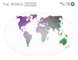 Triangular mesh of the world. Ginzburg V projection of the world. Purple Green colored polygons. Amazing vector illustration.