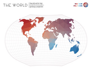 World map in polygonal style. Ginzburg V projection of the world. Red Blue colored polygons. Creative vector illustration.