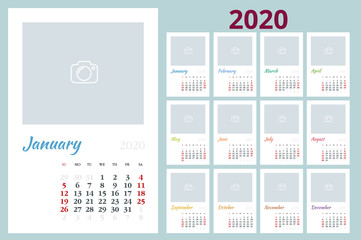 2020 year calendar. Holiday event planner. Week Starts Sunday. Corporate design planner template.