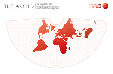 Low poly world map. Conic equidistant projection of the world. Red Shades colored polygons. Elegant vector illustration.