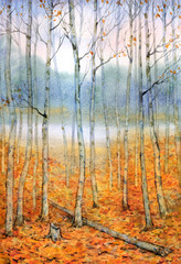 Fototapeta premium Watercolor landscape. A quiet evening in the autumn forest