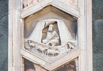 Fototapeta na wymiar Jabal by Nino Pisano, 1334-36., Relief on Giotto Campanile of Cattedrale di Santa Maria del Fiore (Cathedral of Saint Mary of the Flower), Florence, Italy 