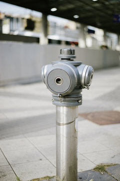Fire steel hydrant in the city. security
