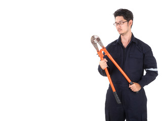 Professional Asian Engineer. Looking at big pliers.ISOLATED on white background. Thinking for...