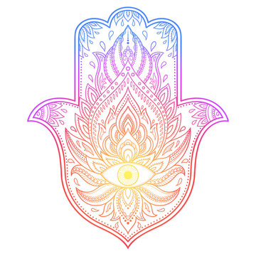 Colorful Hamsa hand drawn symbol with flower. Decorative pattern in oriental style for interior decoration and henna drawings. The ancient sign of "Hand of Fatima". Rainbow design on white background.