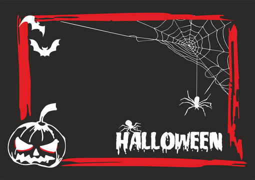 A set of elements to create different invitations and posters for Halloween: frame, web, happy Halloween  inscription, pumpkin, spider on a web and bats on a black background