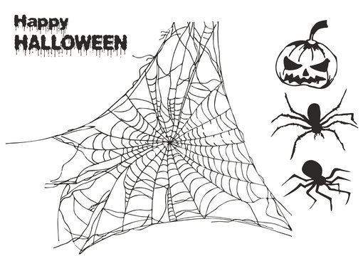 Set of vector elements to create different invitations and posters for Halloween: web,  happy Halloween inscription, pumpkin and spiders on a white background