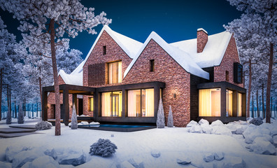 3d rendering of modern cozy clinker house on the ponds with garage and pool for sale or rent with beautiful landscaping on background. Cool winter night with warm cozy light inside.