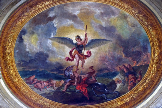 Saint Michael slaying the dragon by Eugene Delacroix, painting on the ceiling of the Saint Sulpice Church, Paris, France