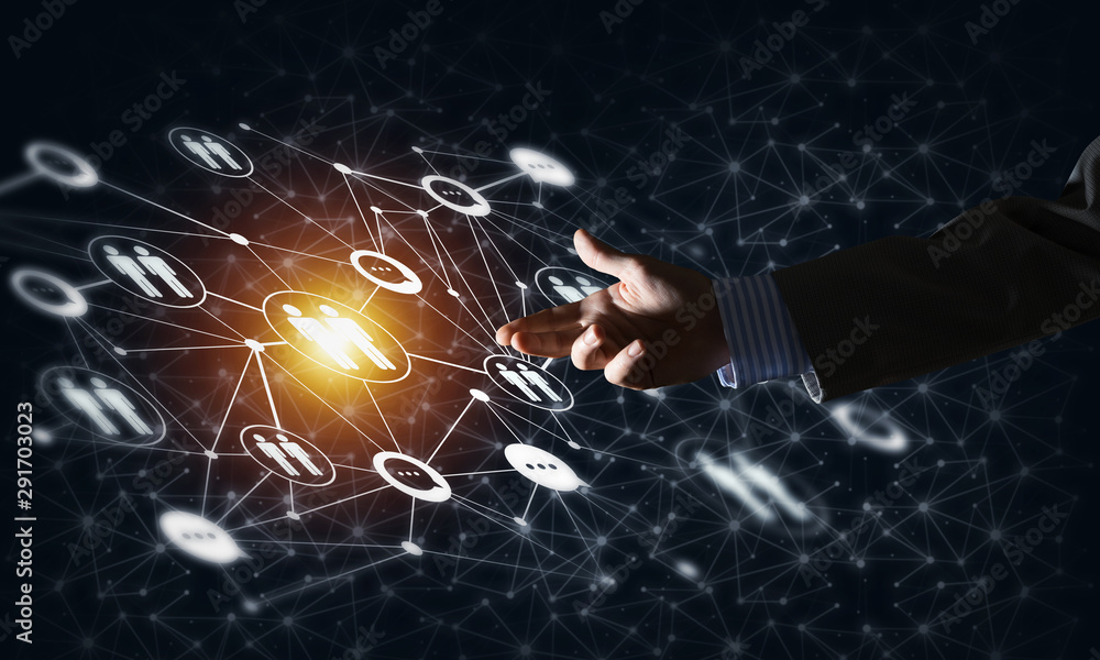 Aufkleber creating modern wireless technologies as means of communucation and networking on dark background