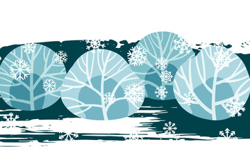 Winter background with snow laden trees and snowflakes. Christmas and New Year vector illustration