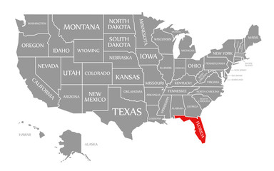 Florida red highlighted in map of the United States of America
