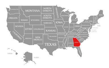 Fototapeta na wymiar Georgia red highlighted in map of the United States of America