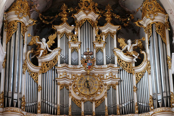 Organ in Amorbach Benedictine monastery church in the district of Miltenberg in Bavaria, Germany