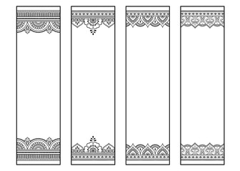 Printable bookmark for book - coloring. Set of black and white labels with flower patterns, hand draw in mehndi style. Sketch of ornaments for creativity of children and adults with colored pencils. - obrazy, fototapety, plakaty