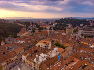 Brasov cityscape, panoramic and aerial view over medieval architecture of Brasov town from Transylvania, Romania