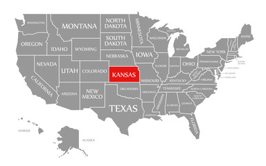 Fototapeta na wymiar Kansas red highlighted in map of the United States of America