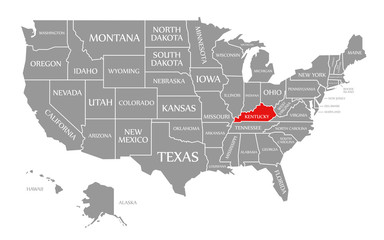 Fototapeta na wymiar Kentucky red highlighted in map of the United States of America