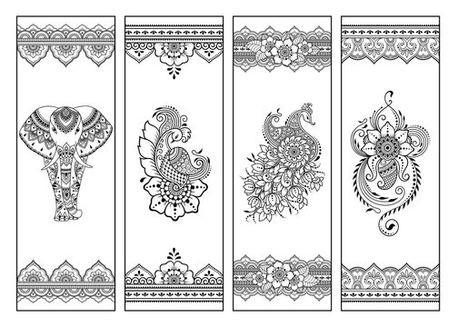Printable bookmark for book - coloring. Set of black and white labels with  flower patterns, hand draw in mehndi style. Sketch of ornaments for  creativity of children and adults with colored pencils.