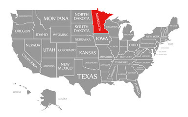 Fototapeta na wymiar Minnesota red highlighted in map of the United States of America