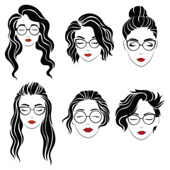 Set of hairstyles for women with glasses. Collection of silhouettes of hairstyles for girl. Vector illustration for beauty salon.