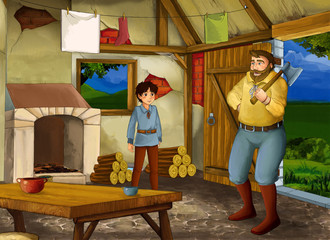 cartoon scene with old kitchen in farm house with happy father and son - illustration for children