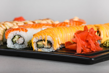 japanese national food, sushi on light background