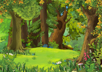 cartoon summer scene with meadow in the forest illustration for children © honeyflavour