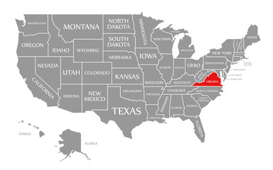 Virginia red highlighted in map of the United States of America