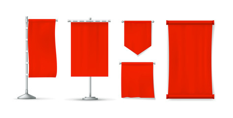 Realistic red textile banners set. Cotton fabric banners, blank flags, advertising posters of various forms, on a transparent background. Mockup realistic advertising vector isolated.