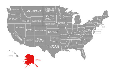 Alaska red highlighted in map of the United States of America